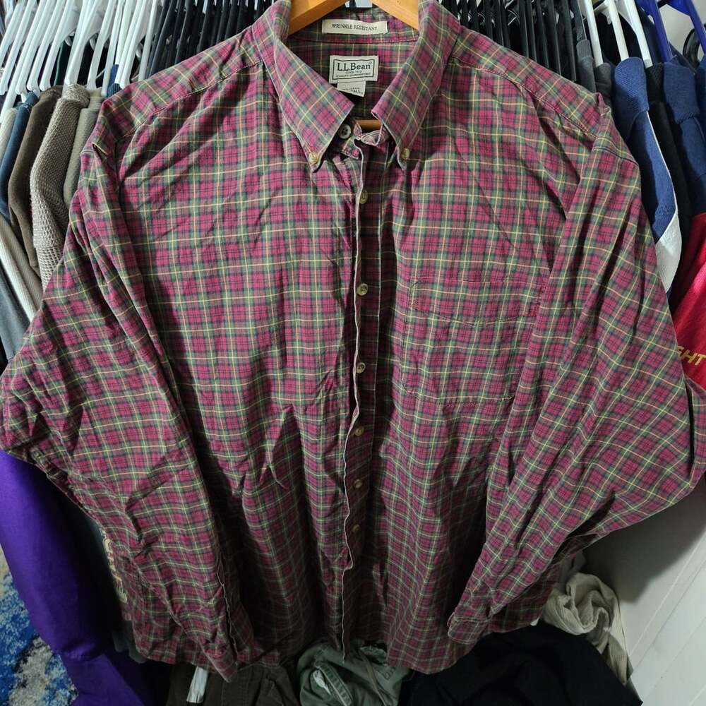 L.L. Bean Plaid Button Down Shirt XXLT Red Green Cotton Long Sleeve